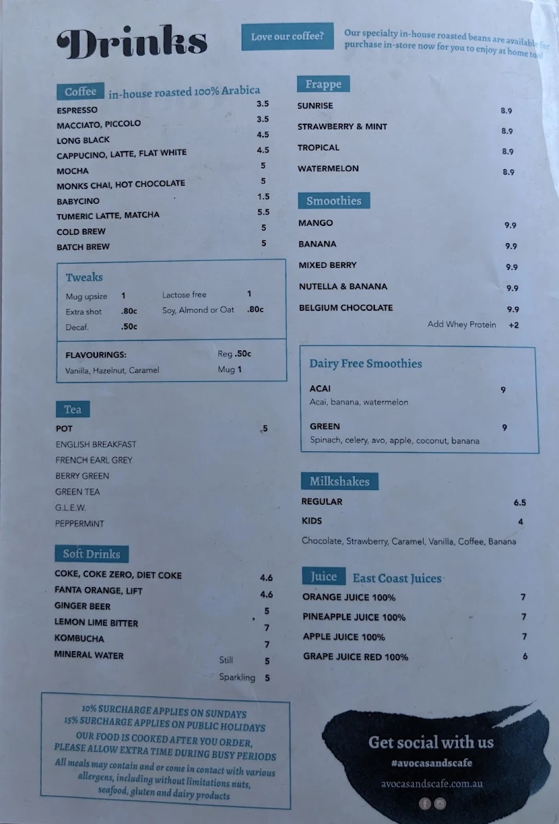 Menu, Avoca Sands Café ~ Bar