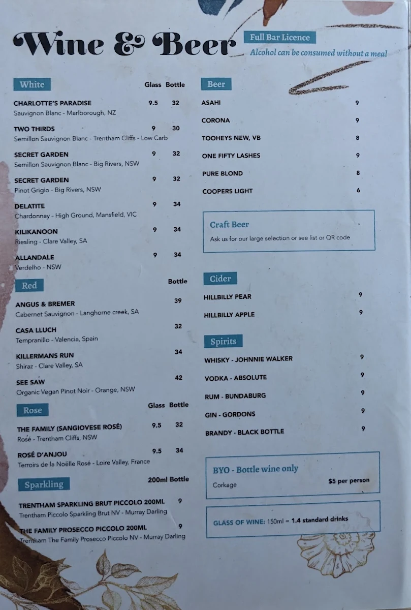 Menu, Avoca Sands Café ~ Bar