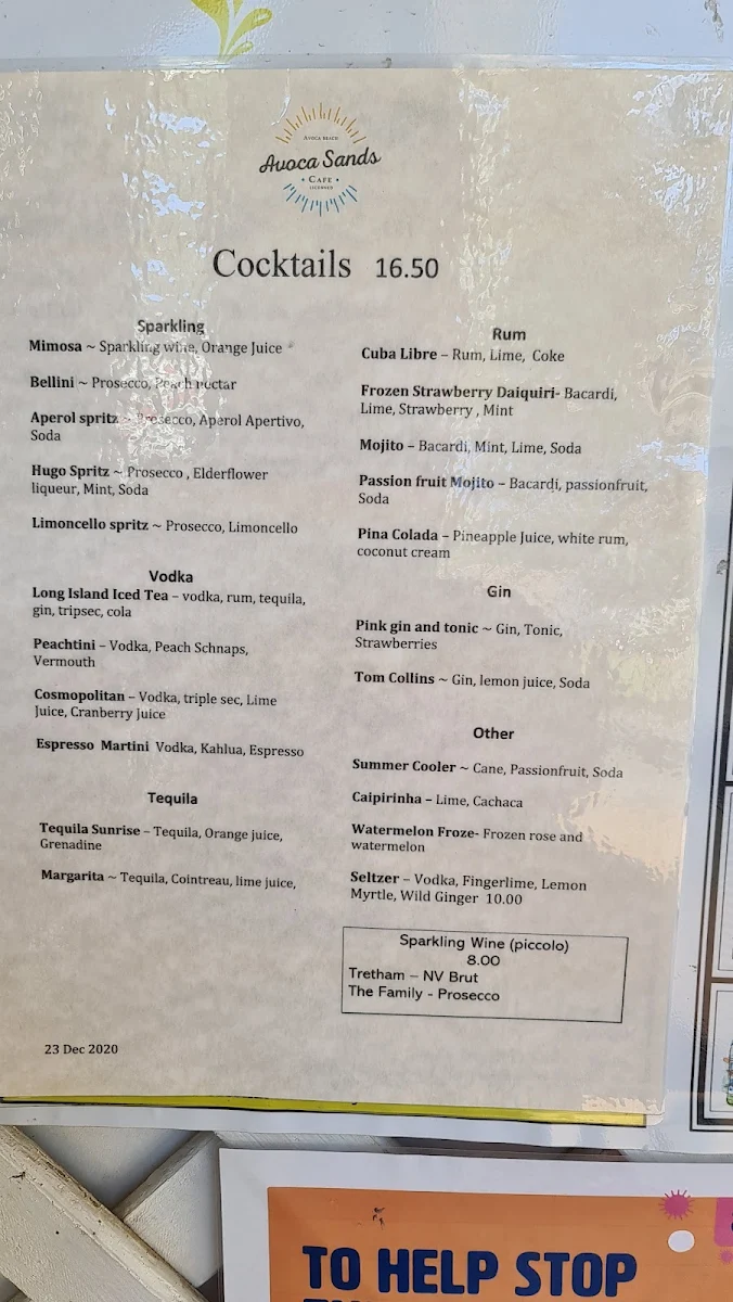 Menu, Avoca Sands Café ~ Bar