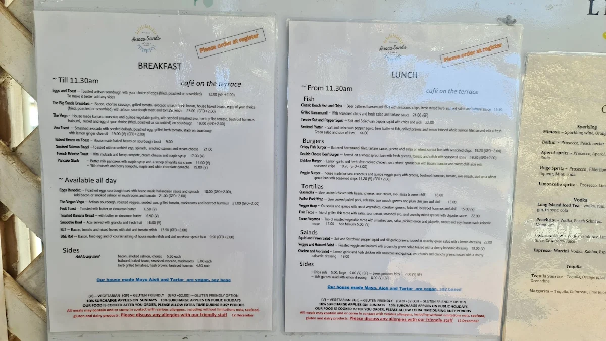 Menu, Avoca Sands Café ~ Bar