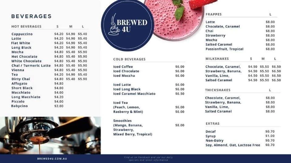 Menu, Brewed4U Cafe
