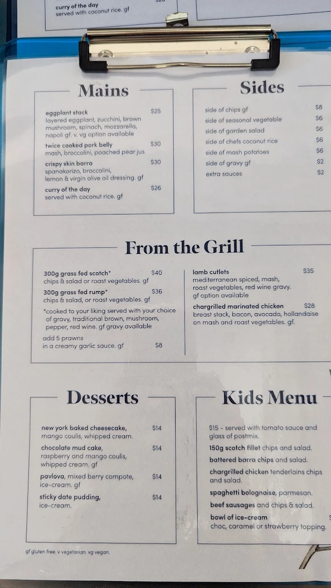 Menu, Seagulls Restaurant