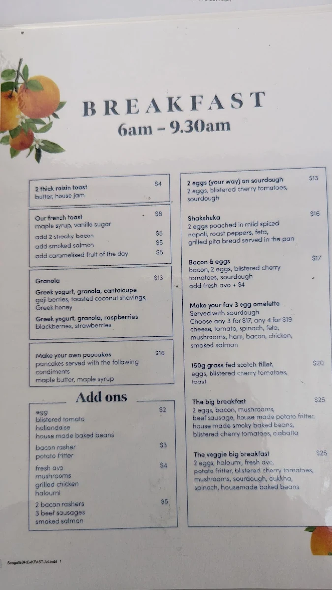 Menu, Seagulls Restaurant