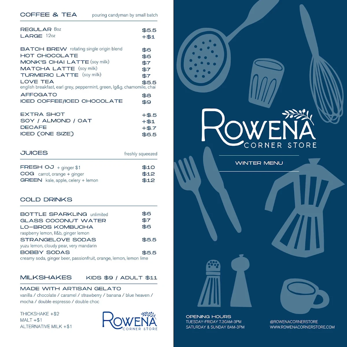 Menu, Rowena Corner Store