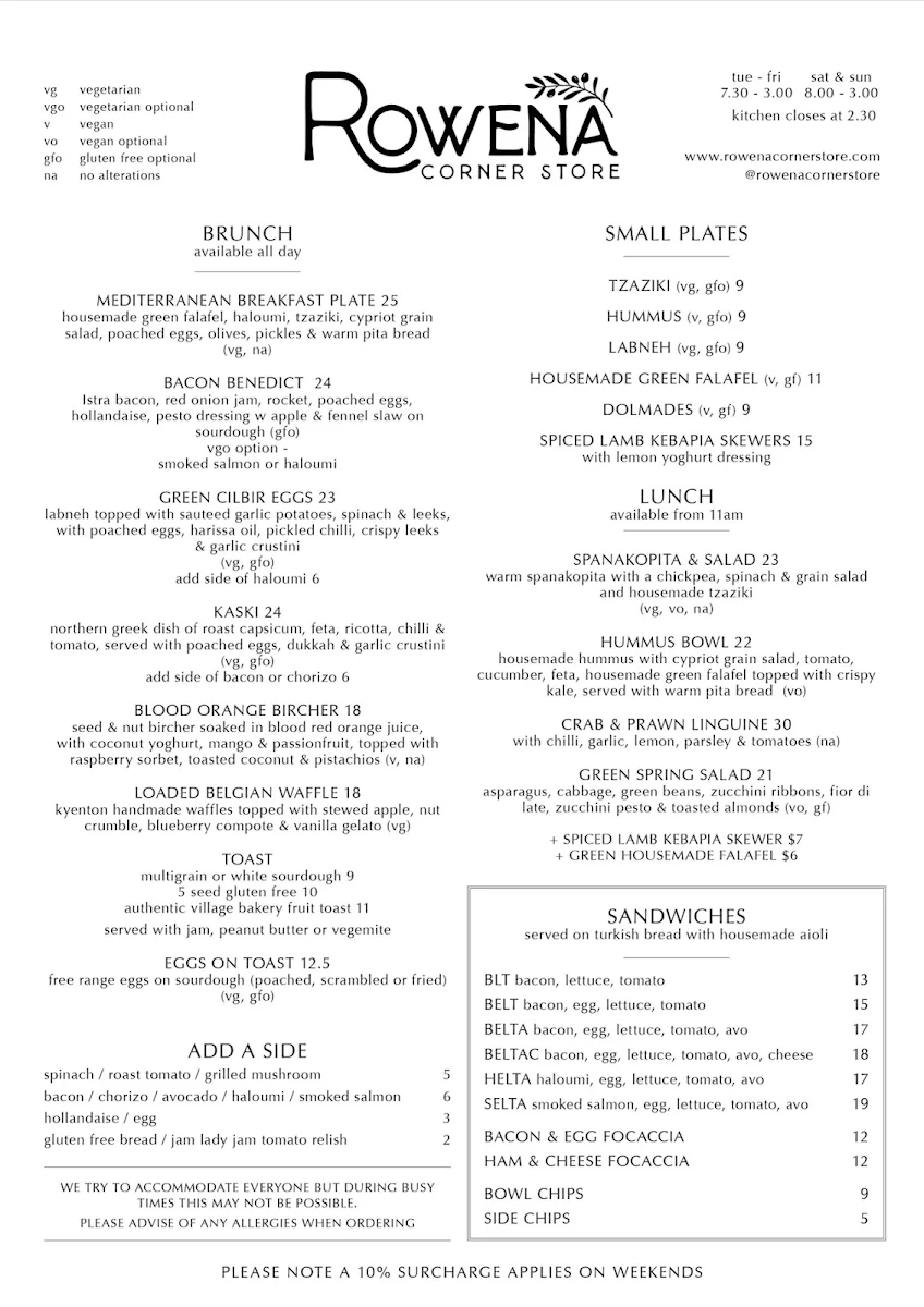 Menu, Rowena Corner Store