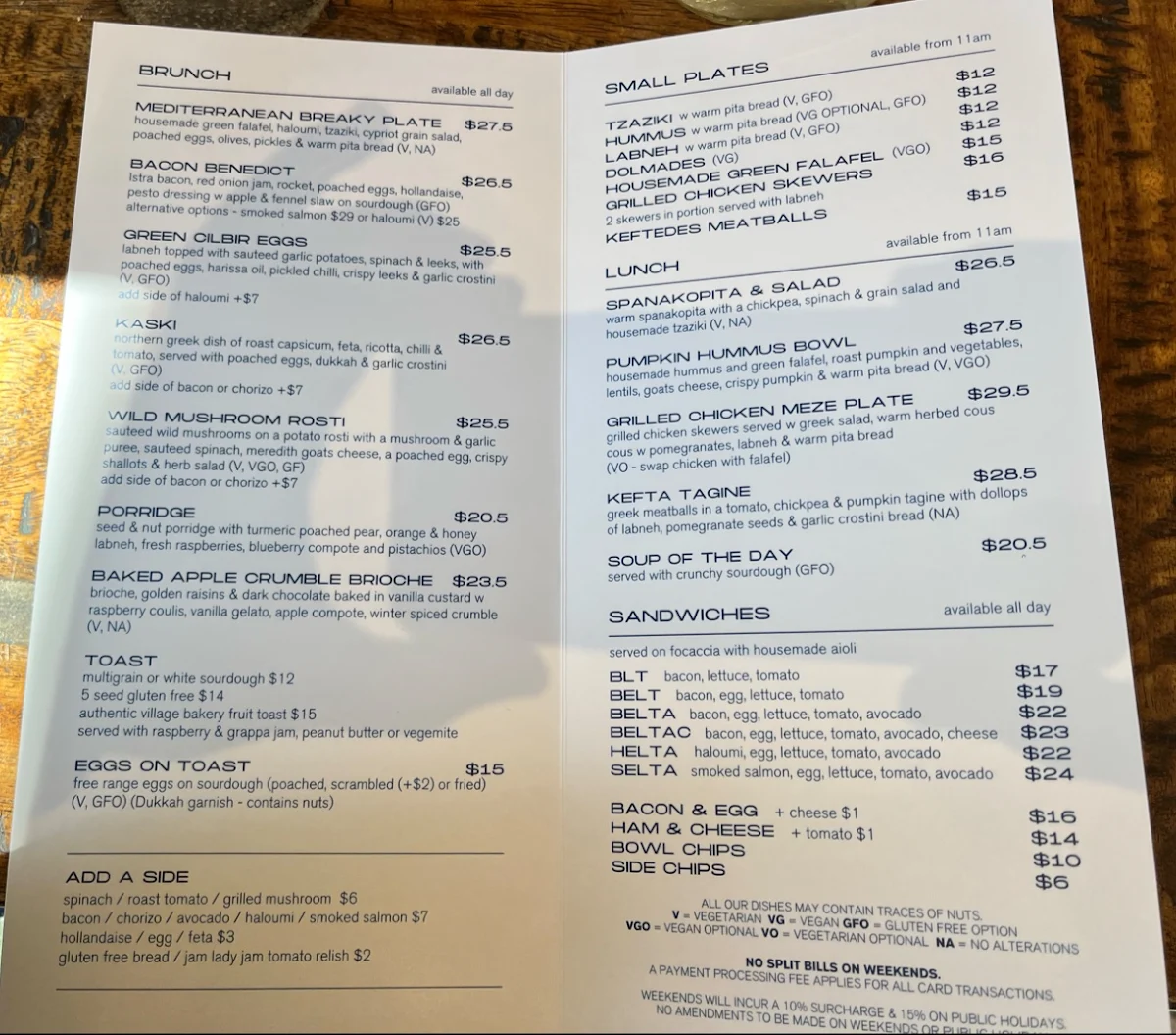 Menu, Rowena Corner Store