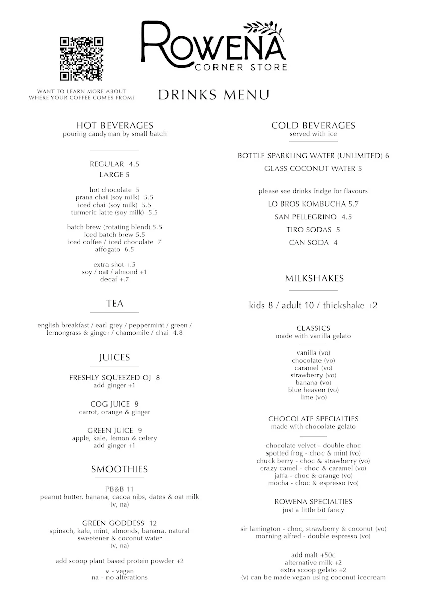 Menu, Rowena Corner Store
