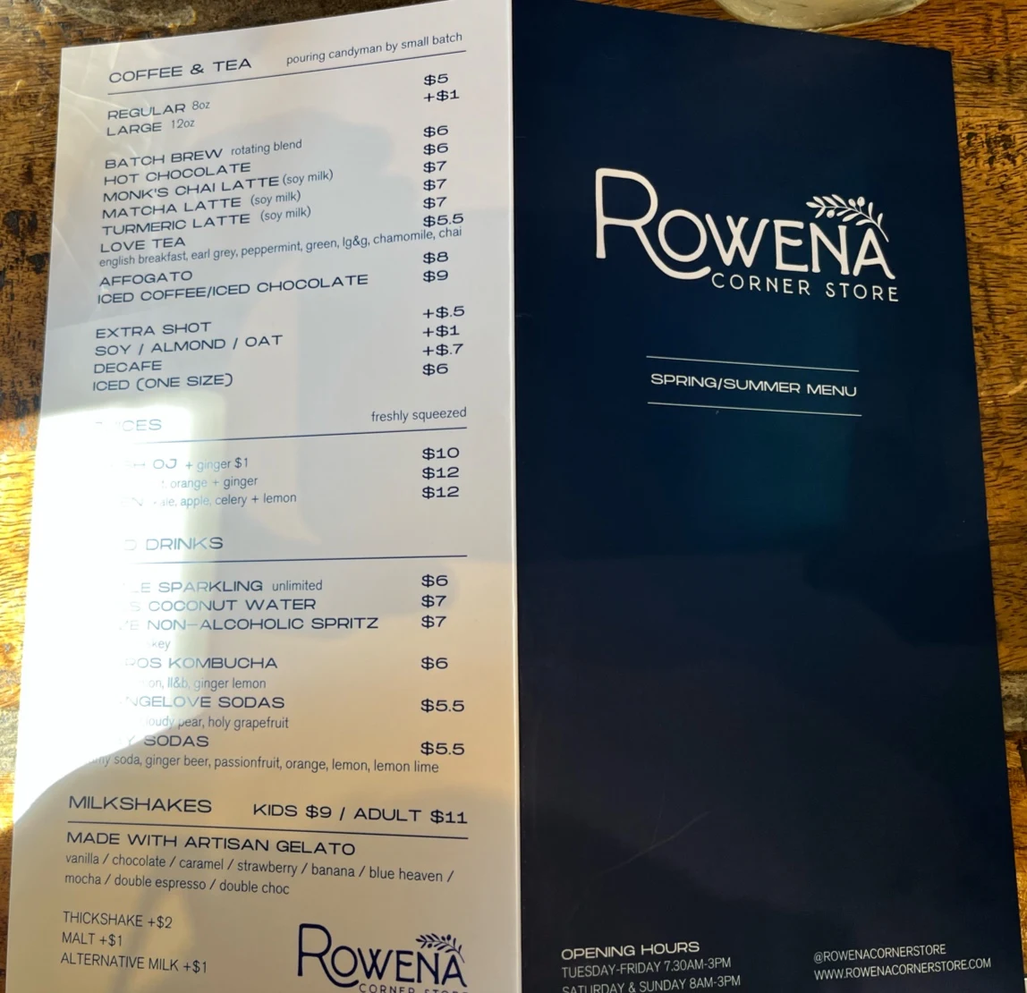 Menu, Rowena Corner Store