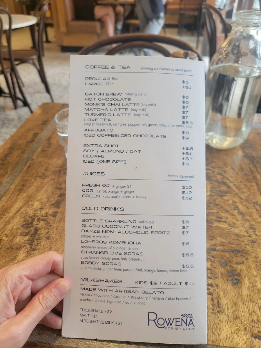 Menu, Rowena Corner Store