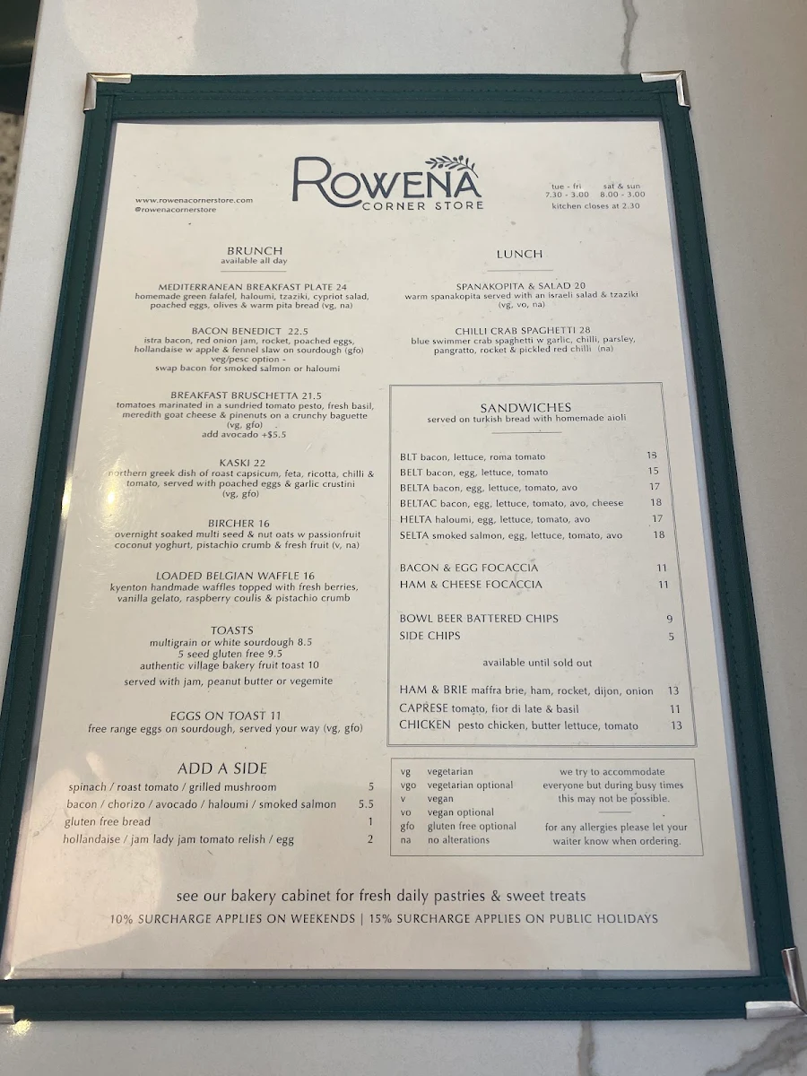 Menu, Rowena Corner Store