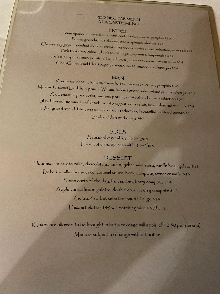 Menu, Red Nectar