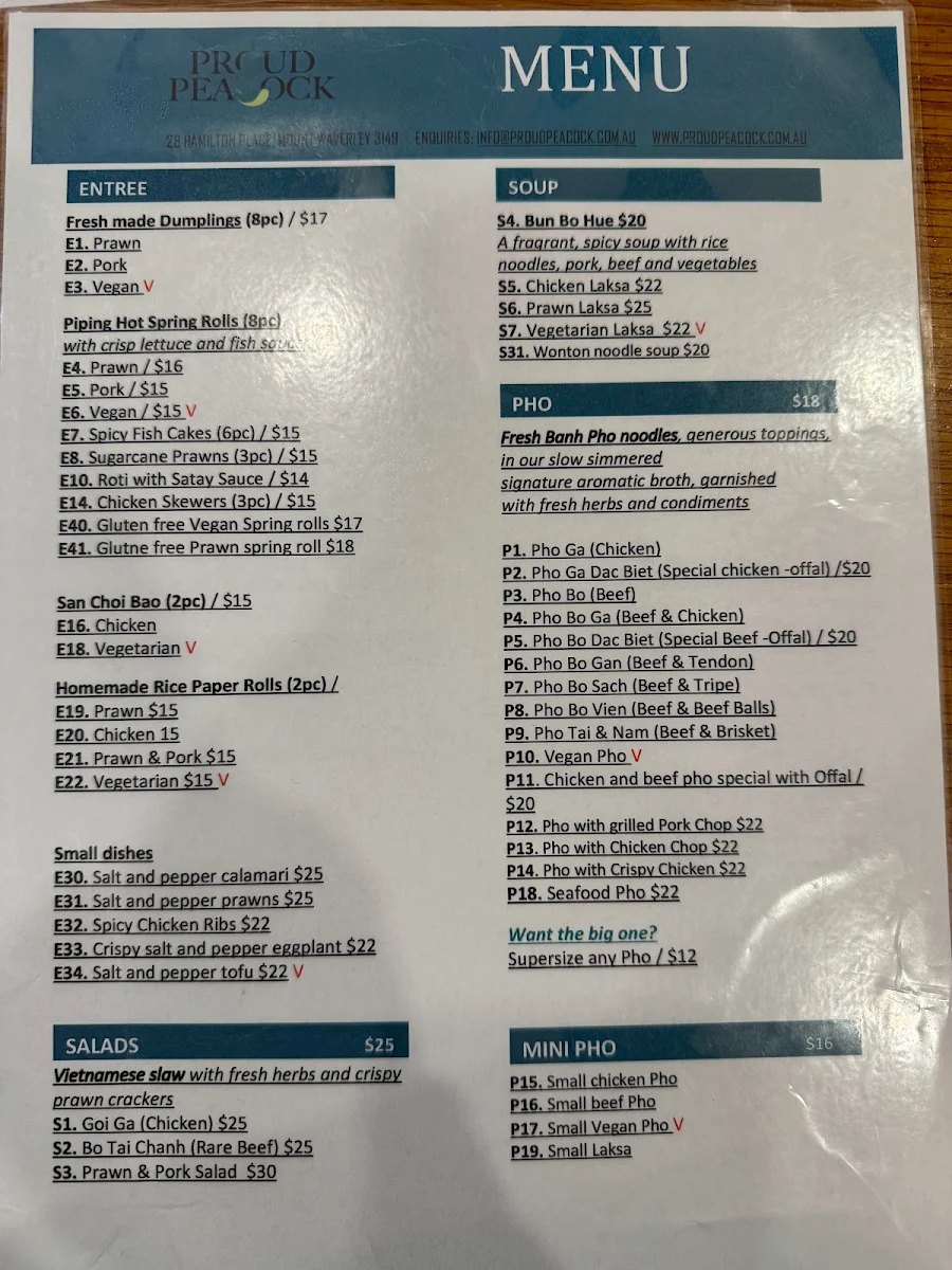 Menu, Proud Peacock