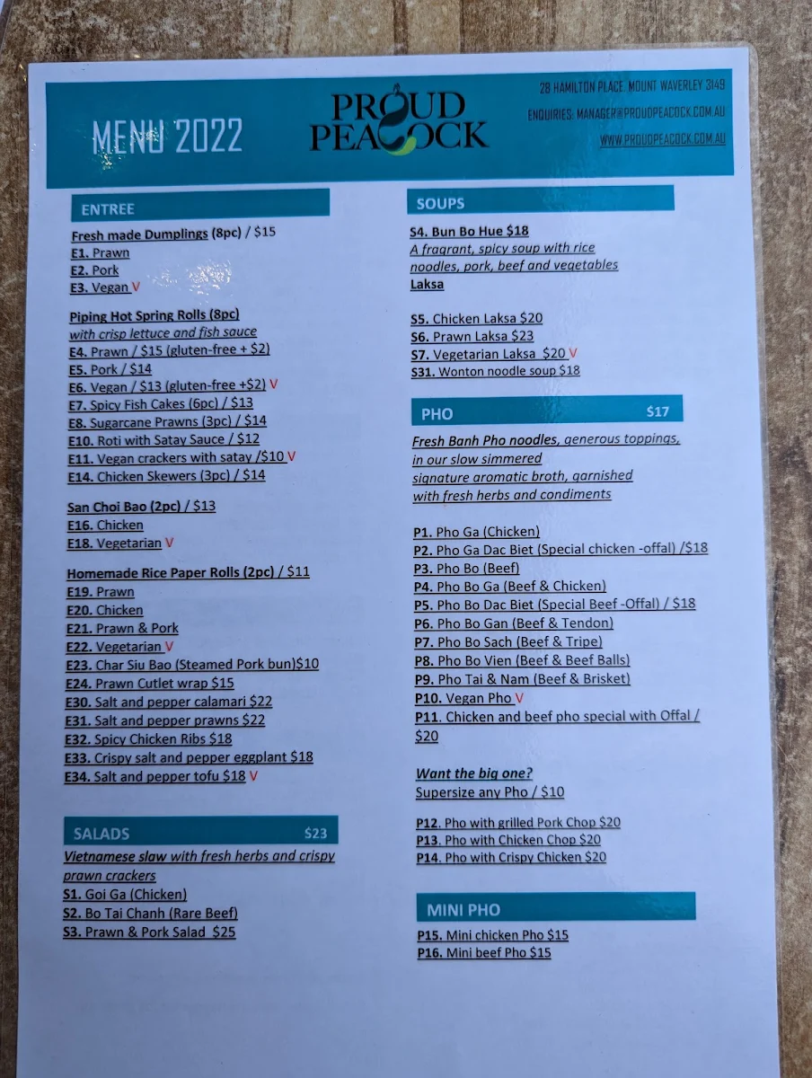 Menu, Proud Peacock
