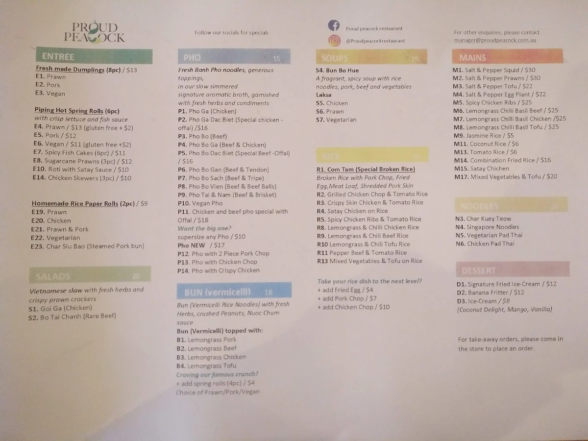 Menu, Proud Peacock