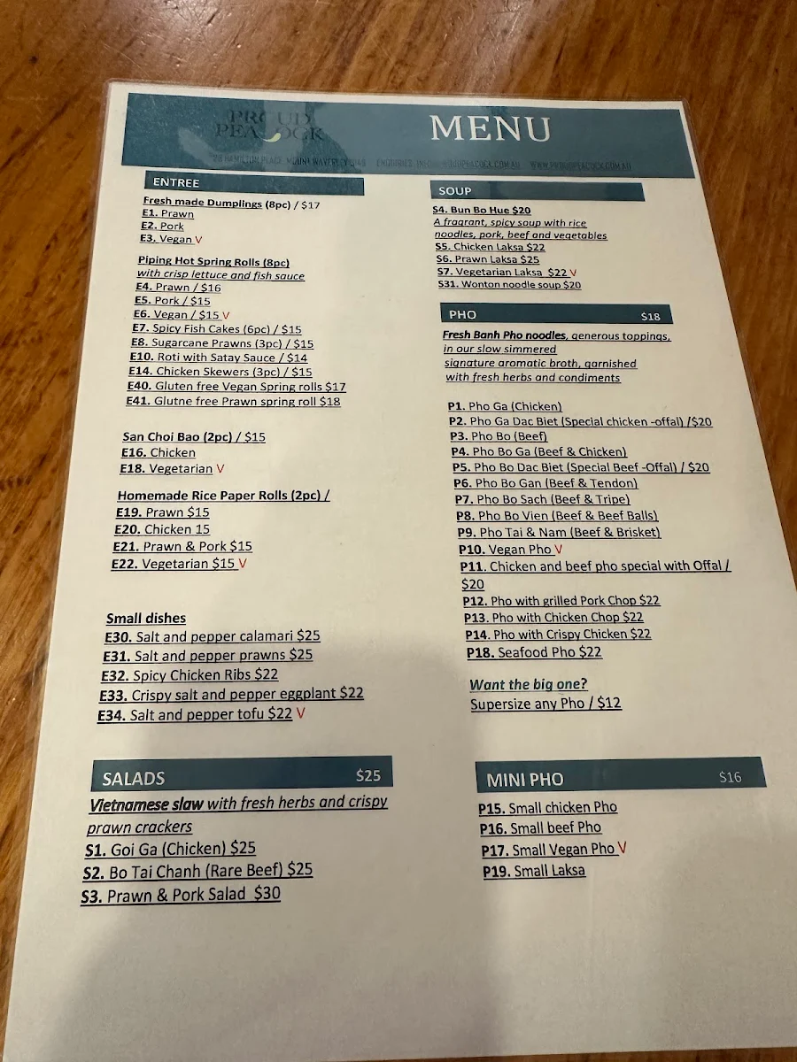 Menu, Proud Peacock
