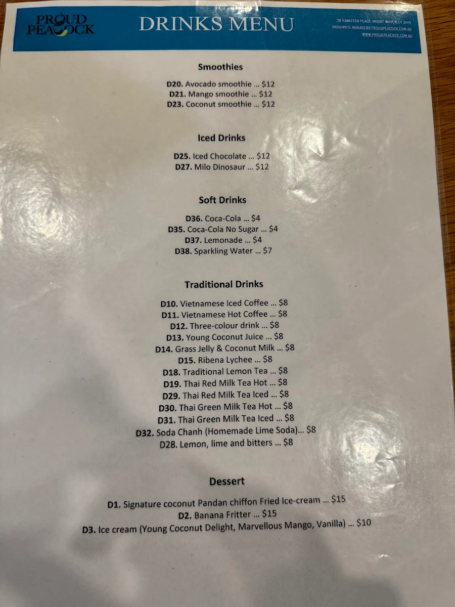 Menu, Proud Peacock