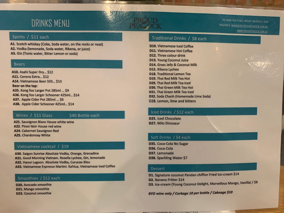 Menu, Proud Peacock