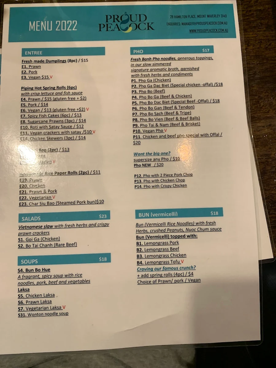 Menu, Proud Peacock