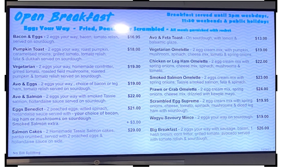 Menu, Pelican's Nest Cafe