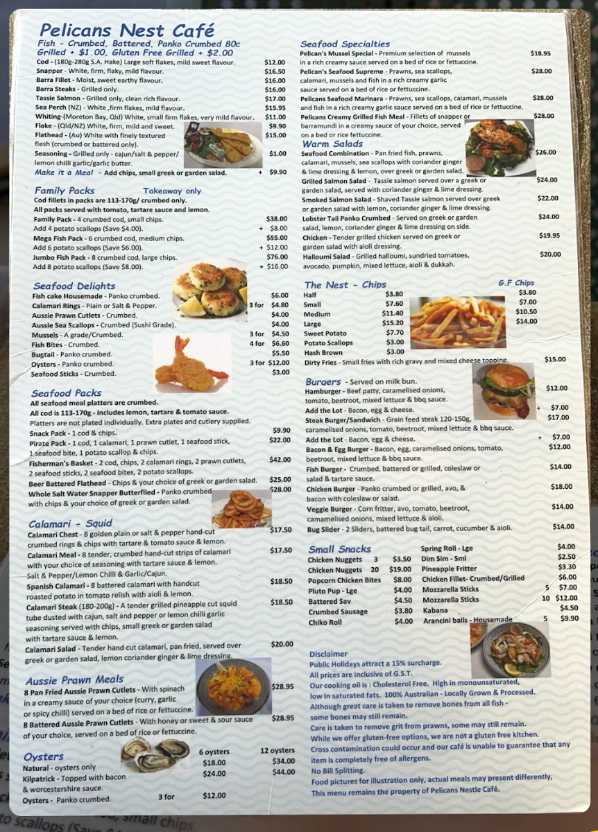 Menu, Pelican's Nest Cafe
