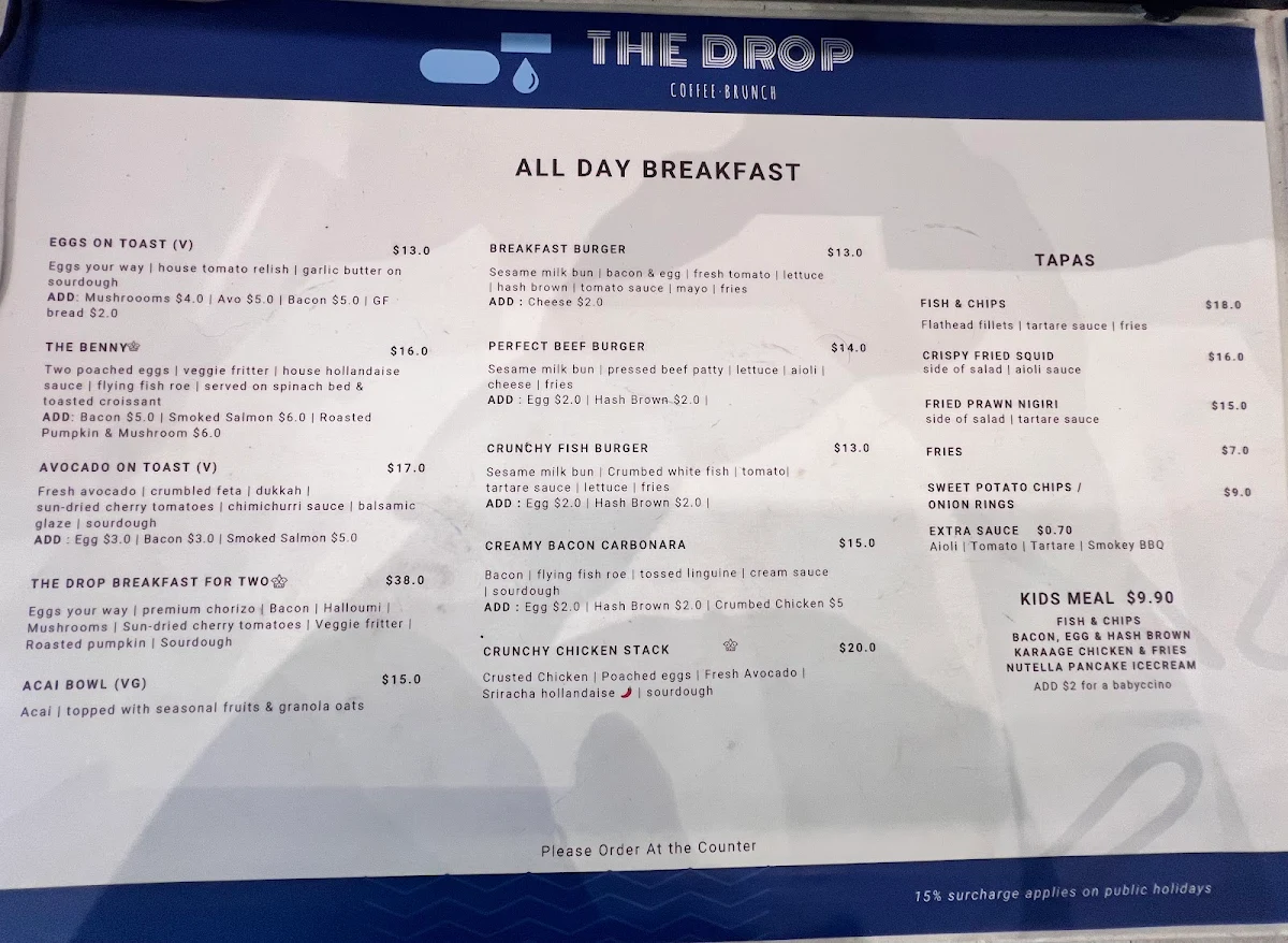 Menu, THE DROP CAFE