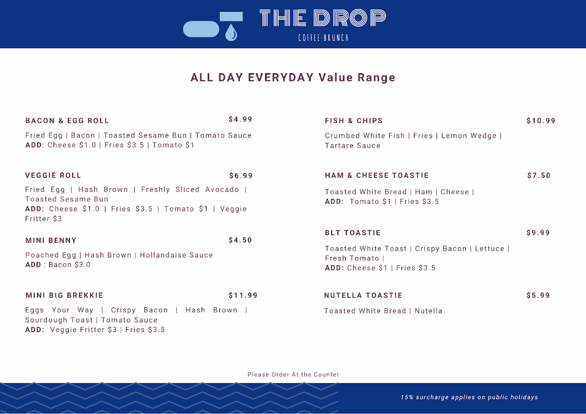 Menu, THE DROP CAFE