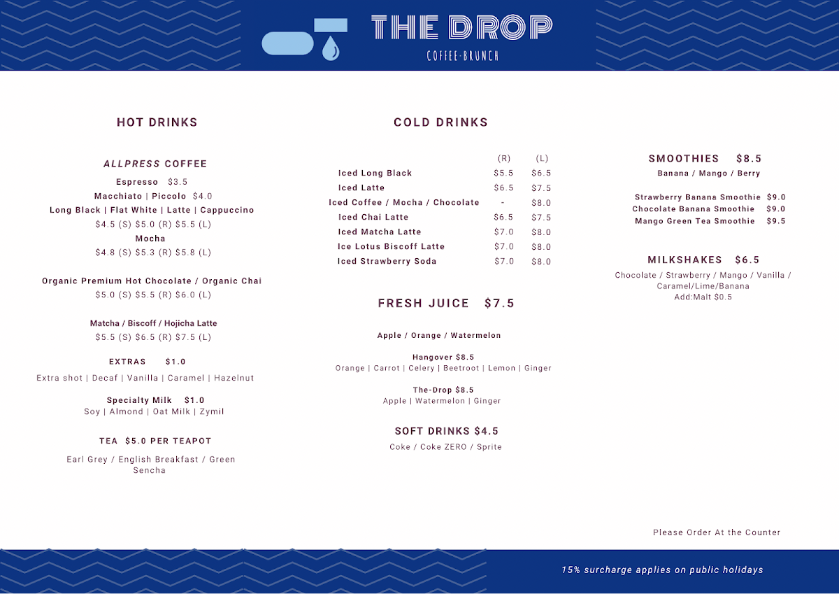 Menu, THE DROP CAFE