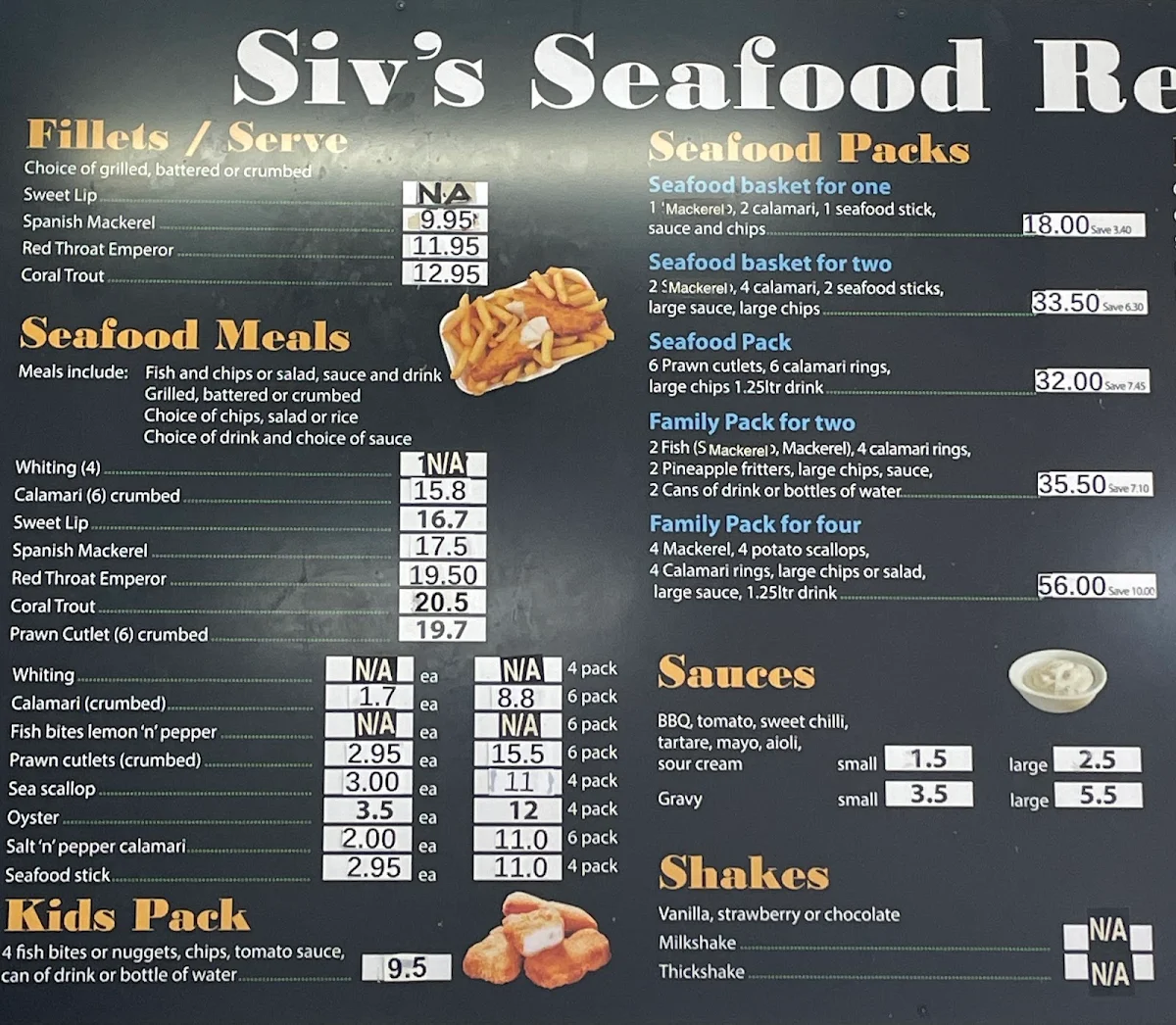 Menu, Siv's Seafood Restaurant