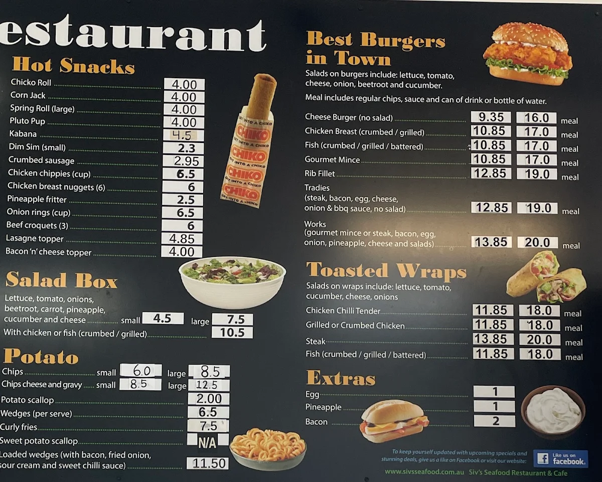 Menu, Siv's Seafood Restaurant