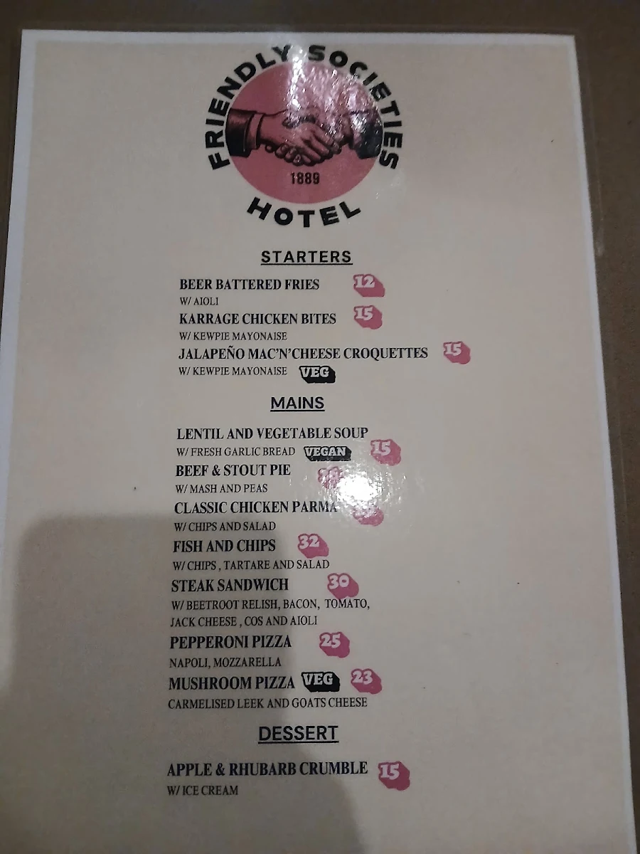 Menu, The Friendly Societies Hotel