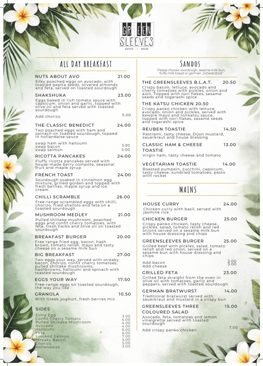 Menu, Greensleeves Coffee House