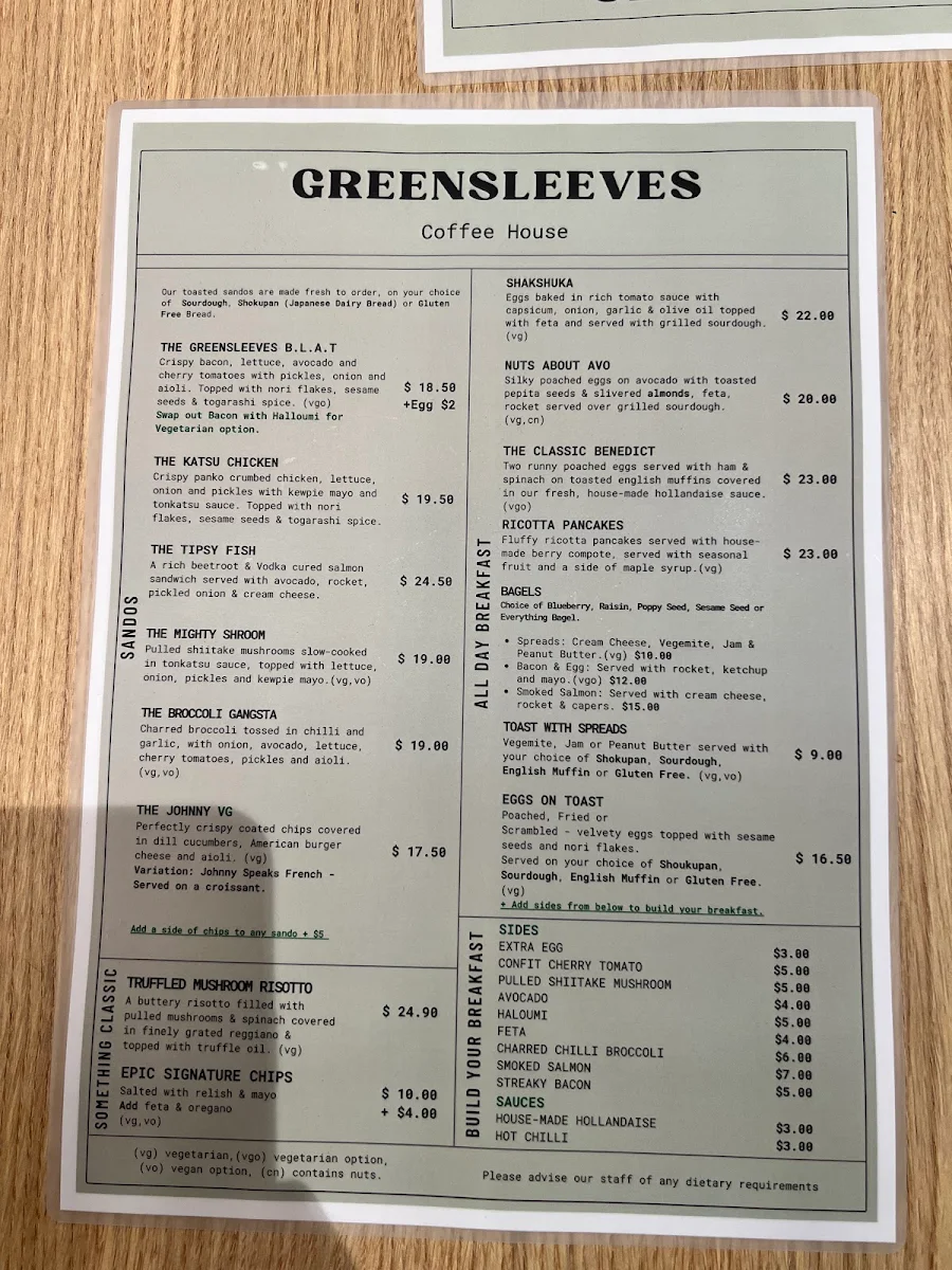 Menu, Greensleeves Coffee House