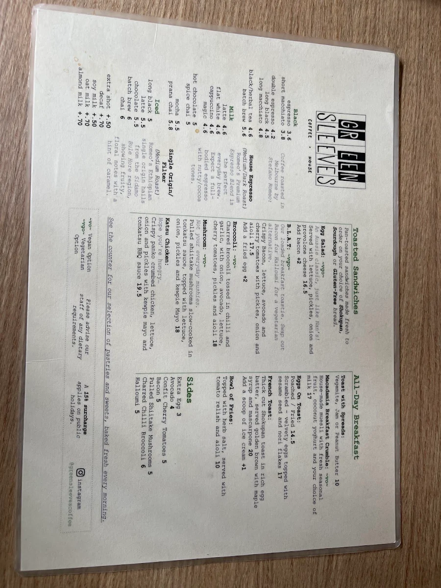 Menu, Greensleeves Coffee House