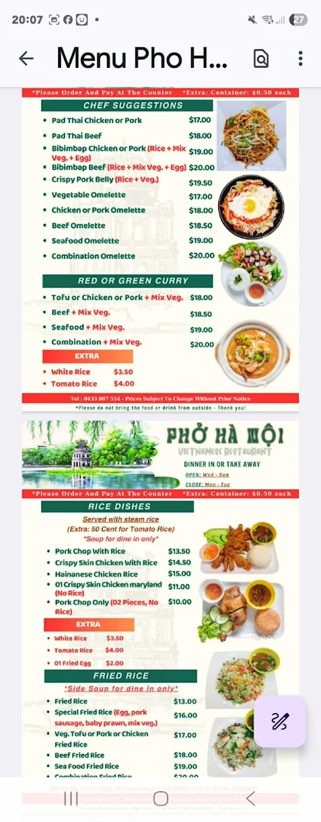 Menu, Pho Ha Noi Restaurant