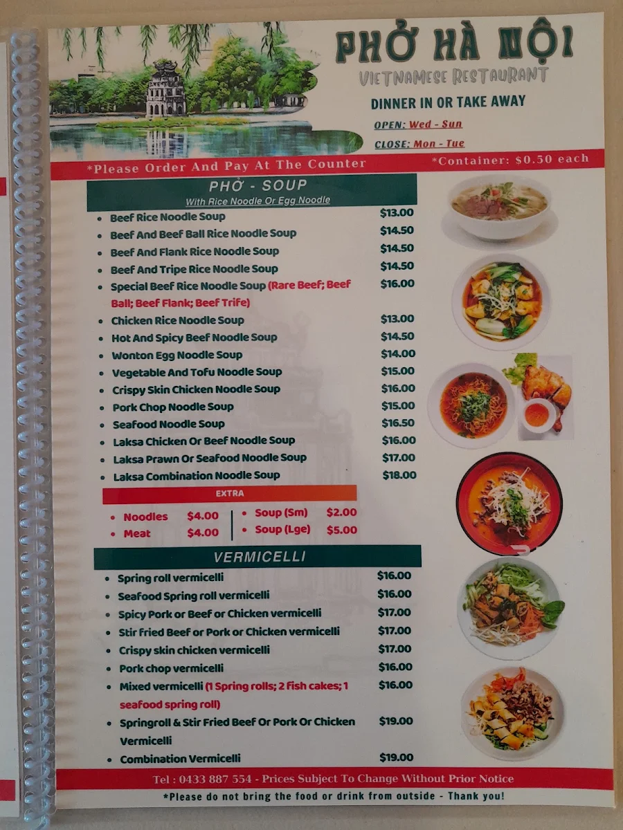 Menu, Pho Ha Noi Restaurant