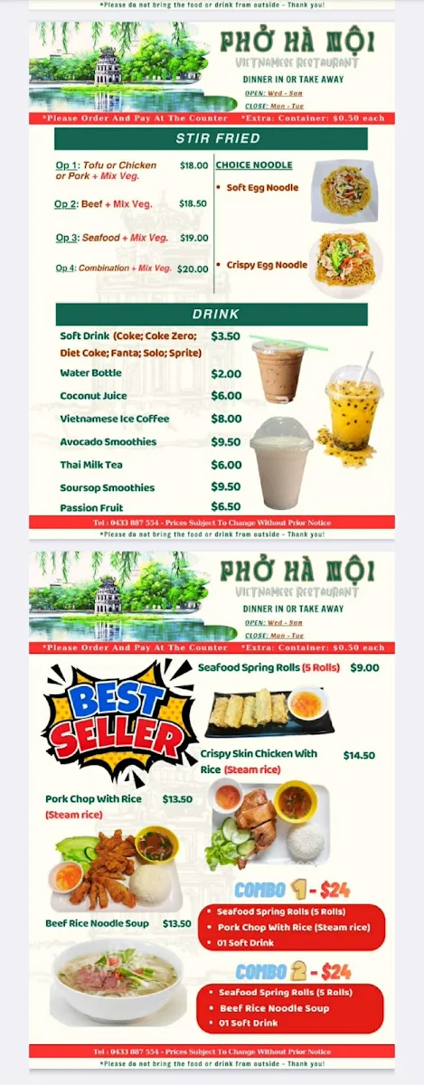 Menu, Pho Ha Noi Restaurant