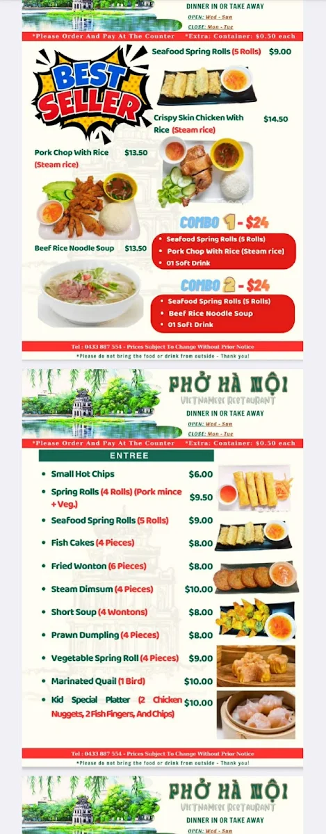 Menu, Pho Ha Noi Restaurant