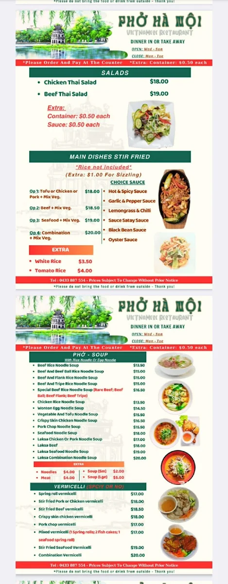 Menu, Pho Ha Noi Restaurant