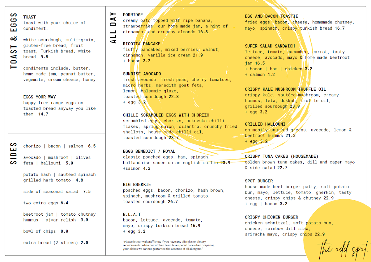 Menu, Odd Spot Cafe