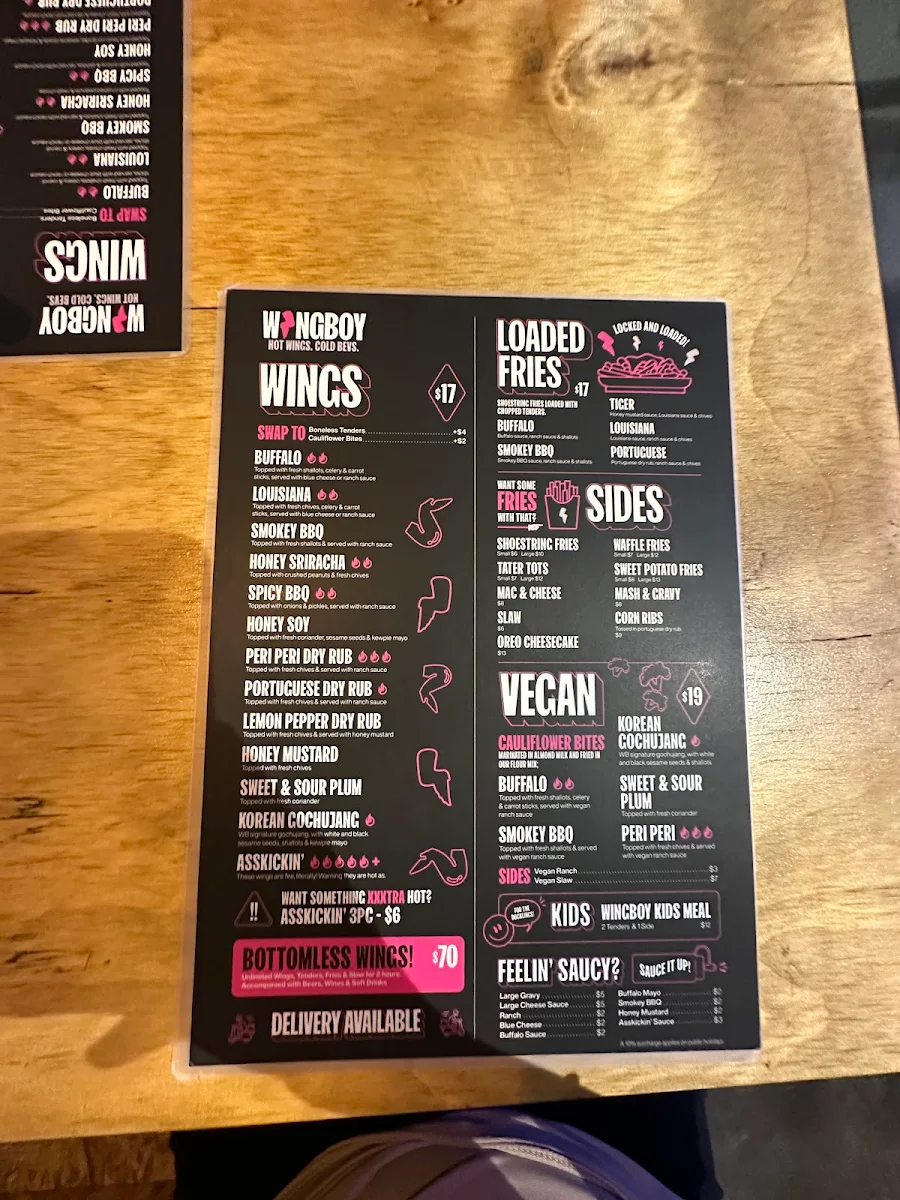Menu, Wingboy Newtown