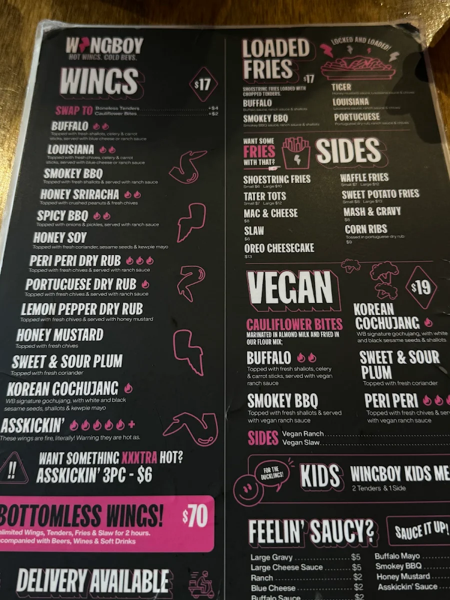 Menu, Wingboy Newtown