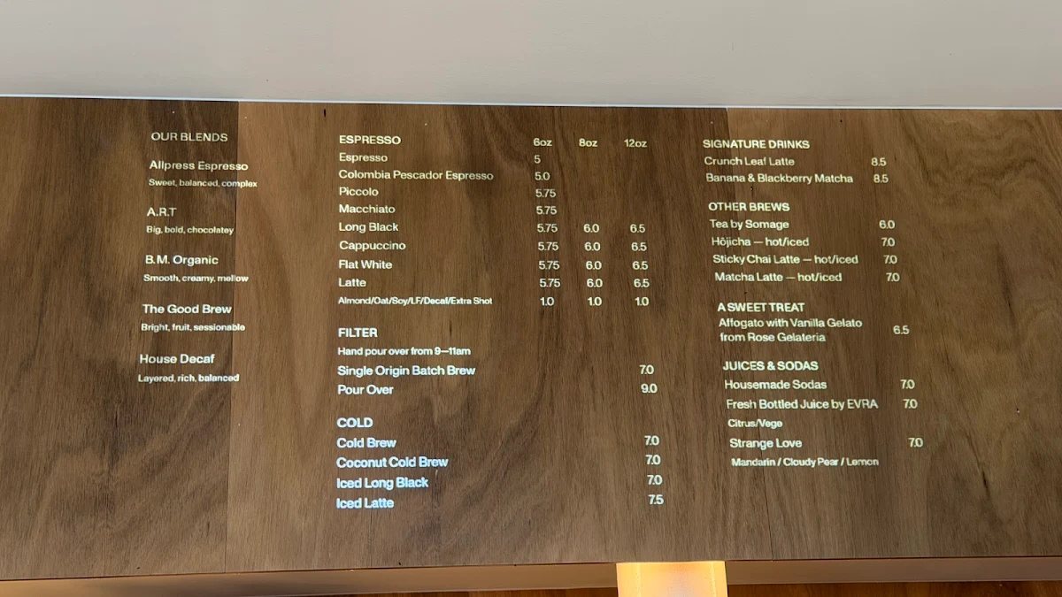 Menu, Allpress Fortitude Valley Espresso Bar