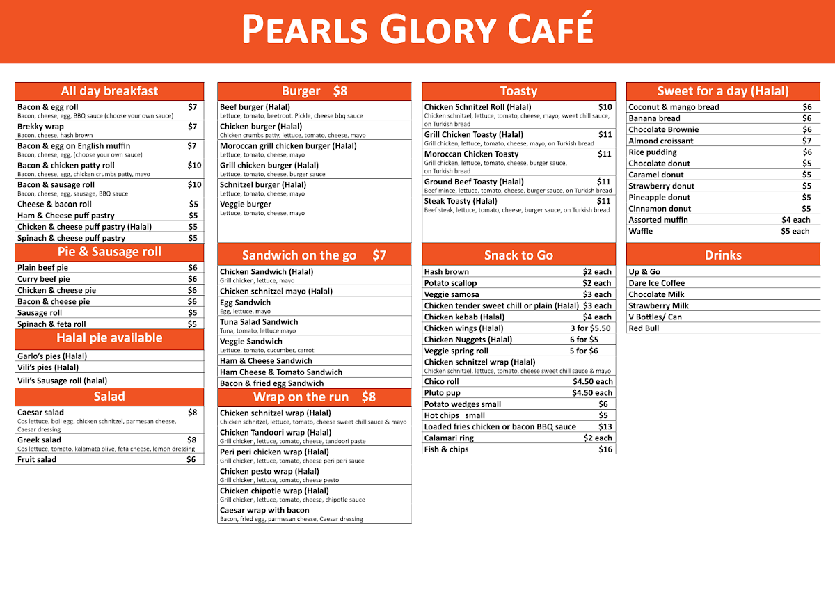Menu, Pearls Glory Cafe