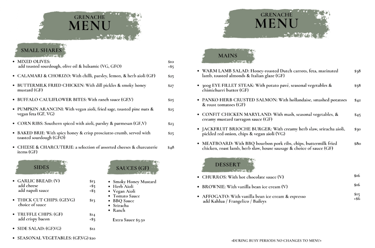 Menu, Grenache Wine Bar
