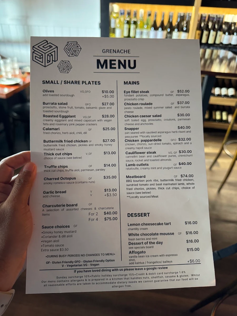 Menu, Grenache Wine Bar