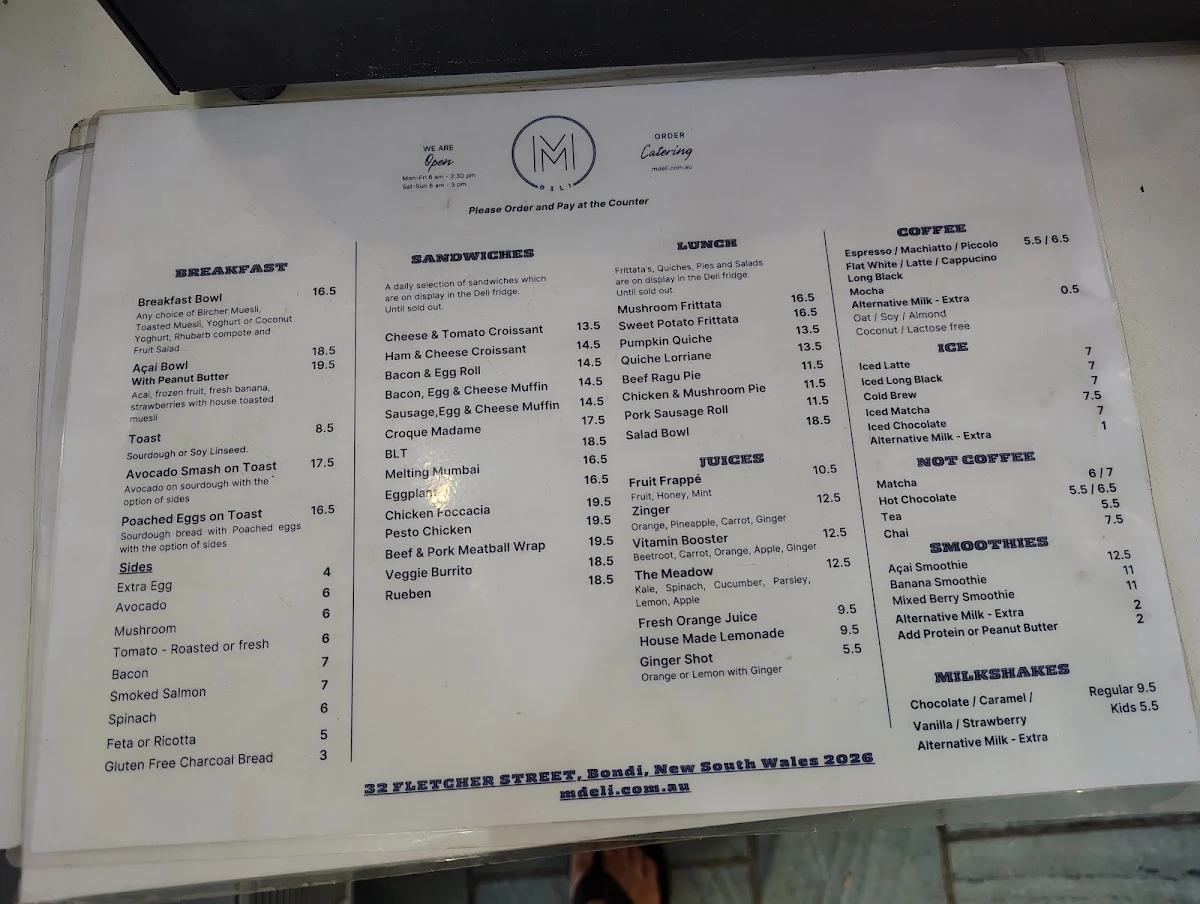 Menu, M Deli Cafe