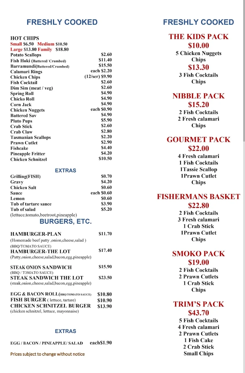 Menu, The Captains Catch