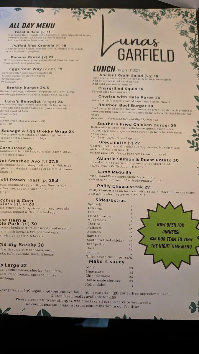 Menu, Luna’s Garfield