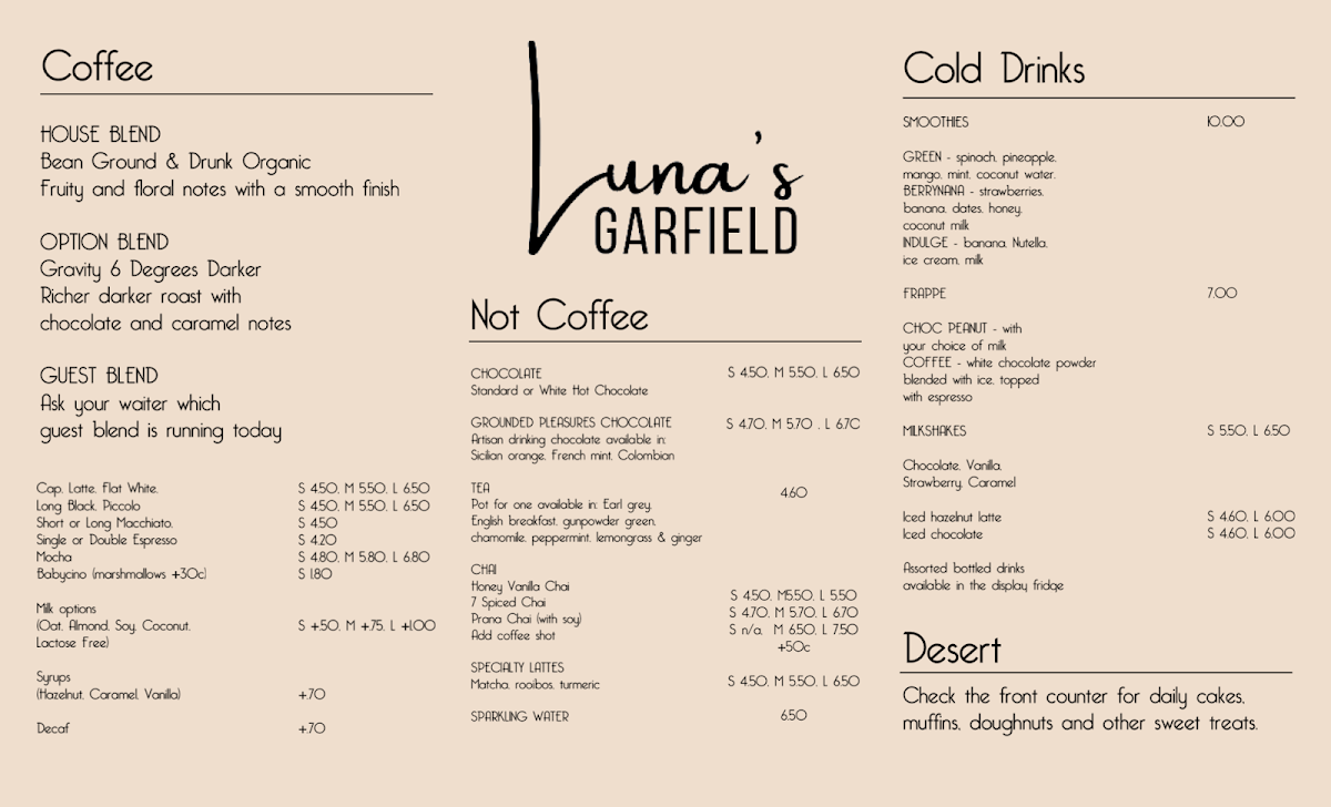 Menu, Luna’s Garfield