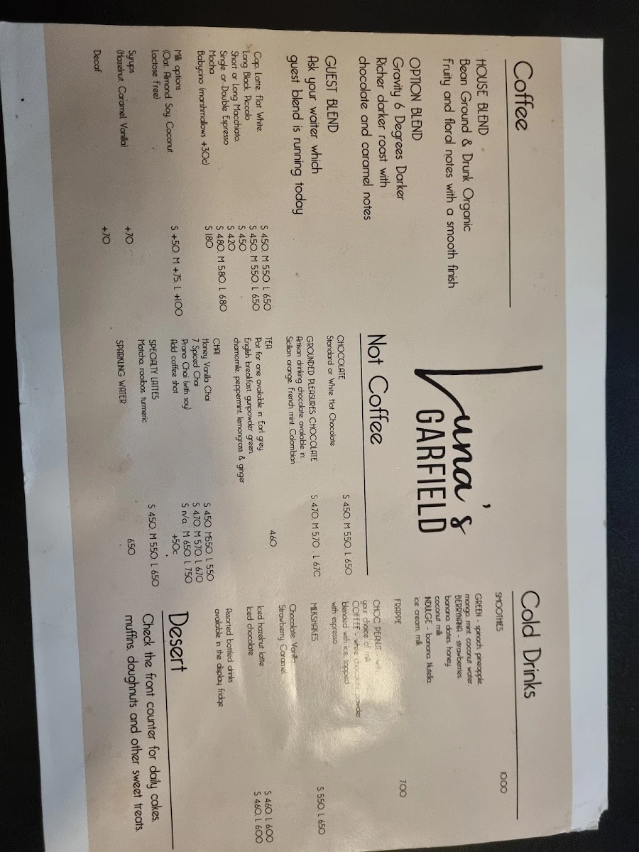 Menu, Luna’s Garfield